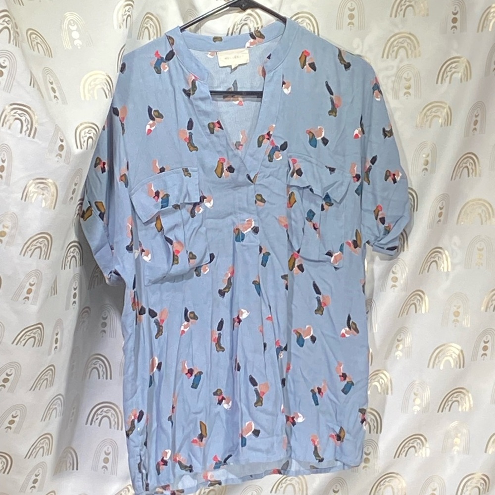MELLODAY Vintage Light Blue Blouse with Multicolor Pattern